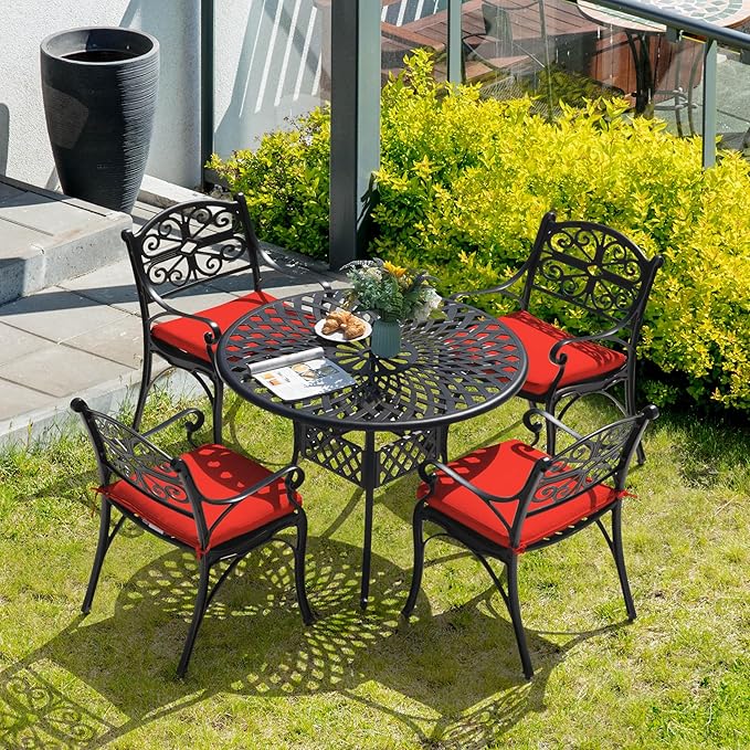 NUU GARDEN 5 Piece Outdoor Patio Dining Set, 42" Cast Aluminum, Round Patio Dining Table with 2.24" Umbrella Hole and Patio Dining Chairs with Cushions for Garden, Balcony, Bronze and Red