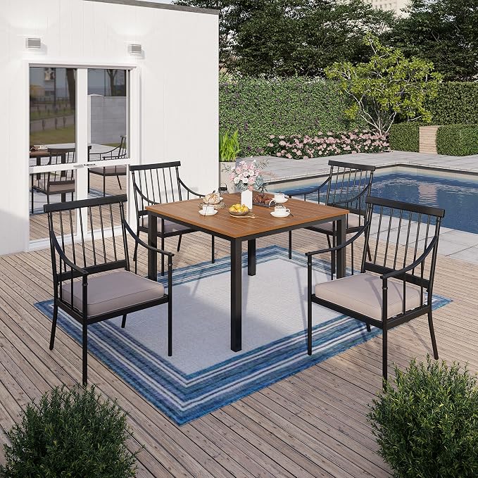 Sophia and William Patio Dining Set, 5 PCS | E-Coated and Steel, Square Table, Straight Legs Chairs, Umbrella Hole, Weather-Resistant