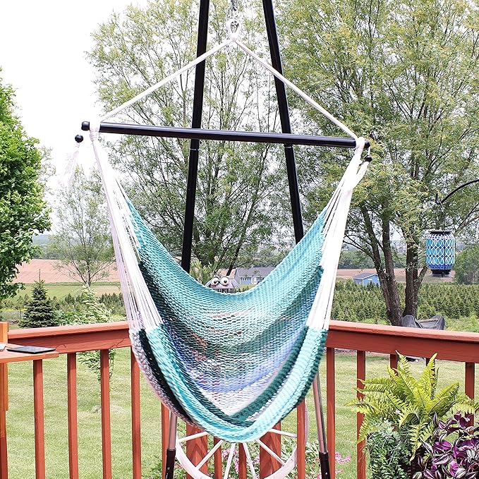 Sunnydaze Lagoon Stripes Woven Double Hammock with Crocheted Edges/Spreader Bars and Soft-Spun Polyester Rope Hanging Hammock Chair