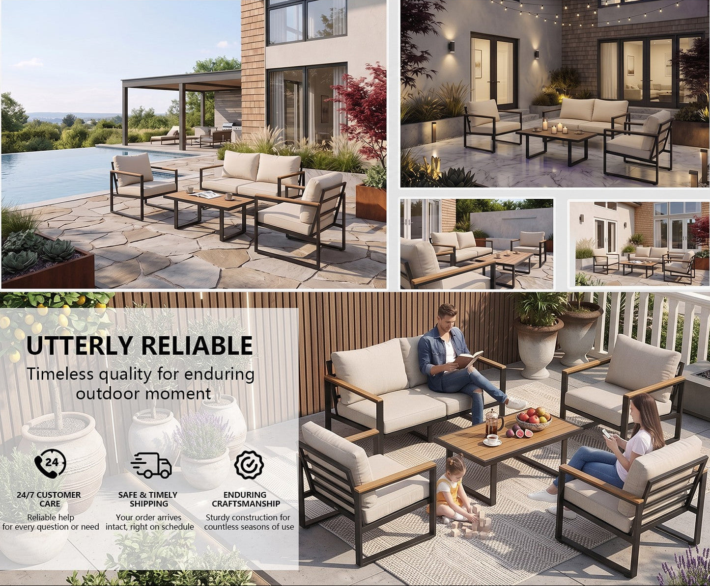 Patio Furniture Set 4-Piece, Outdoor Conversation Set with Washable Cushions, Conversation Set with 2 Chairs & Coffee Table Patio Sectional Furniture for Pool, Garden, Balcony, Beige
