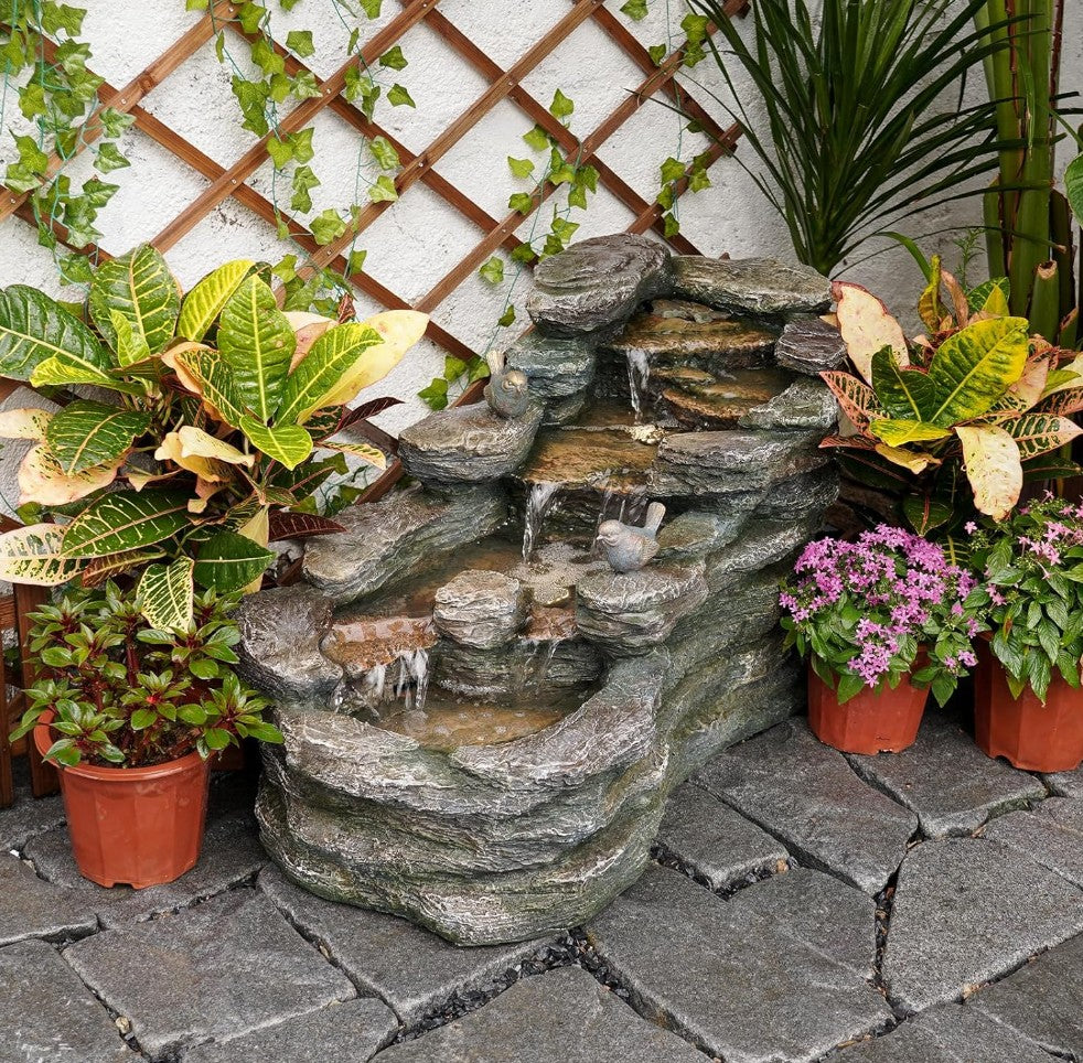 36" L Cascading Outdoor Water Fountain with LED Lights 5-Tier Resin Rock Waterfall Fountain for Garden, Patio, Yard or Indoor Decor
