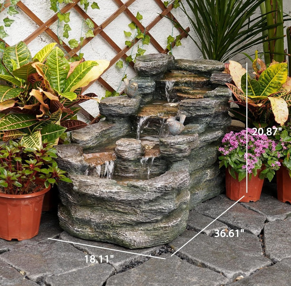 36" L Cascading Outdoor Water Fountain with LED Lights 5-Tier Resin Rock Waterfall Fountain for Garden, Patio, Yard or Indoor Decor