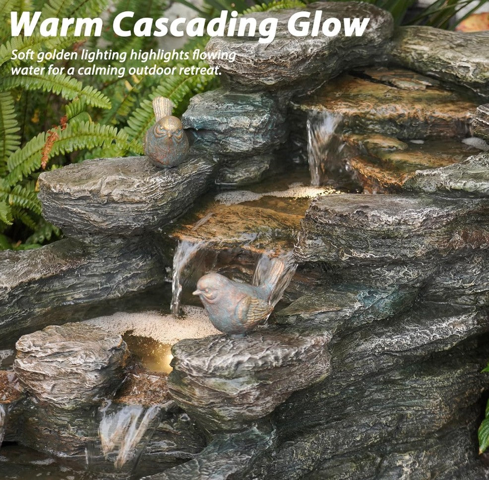 36" L Cascading Outdoor Water Fountain with LED Lights 5-Tier Resin Rock Waterfall Fountain for Garden, Patio, Yard or Indoor Decor