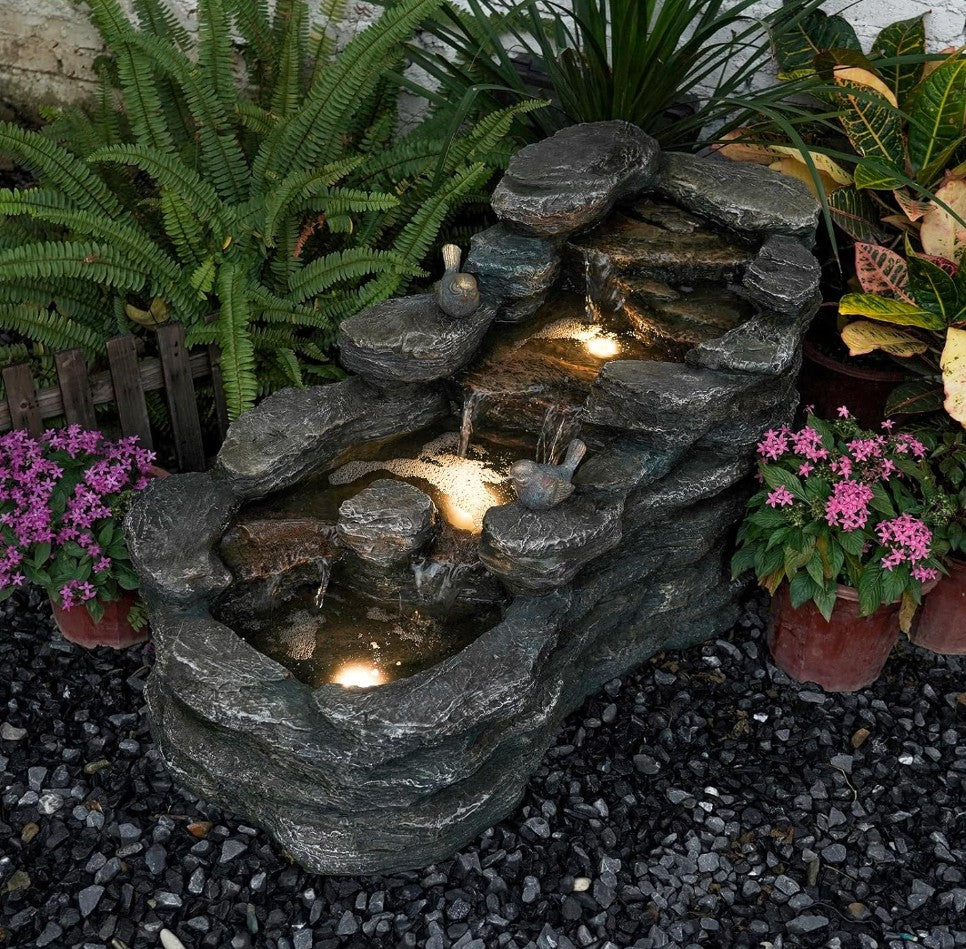 36" L Cascading Outdoor Water Fountain with LED Lights 5-Tier Resin Rock Waterfall Fountain for Garden, Patio, Yard or Indoor Decor