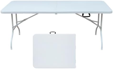 IDEALHOUSE 6 Ft Plastic Folding Table, Portable Fold-in-Half Table with Iron Legs, Carrying Handle, Outdoor Rectangular Fold Out Table for Dining, Picnic, Party, Camping, Barbecues, White