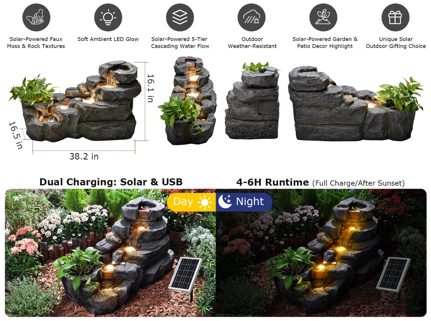 Solar Water Fountain Outdoor, 38 "L Rock Waterfall Fountains Solar Powered Floor Standing Outdoor Water Feature with LED Lights for Patio, Garden,Porch, Yard, Home Art Decor（Grey）