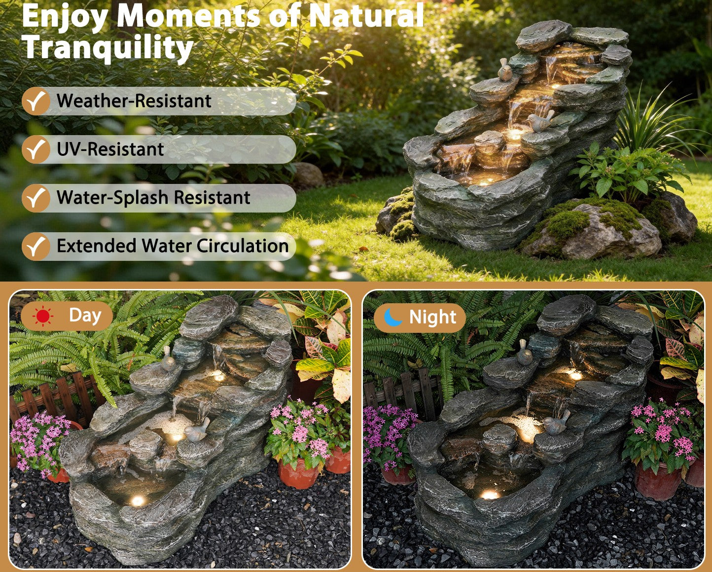 36" L Cascading Outdoor Water Fountain with LED Lights 5-Tier Resin Rock Waterfall Fountain for Garden, Patio, Yard or Indoor Decor