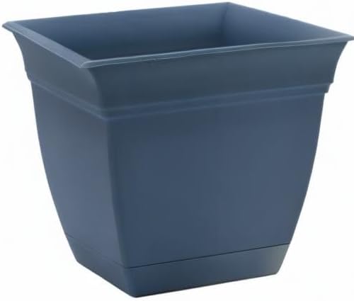 The HC Companies Eclipse Square Plastic Planter w/ Attached Saucer - Outdoor & Indoor Plant Pot with Drainage Holes - Lightweight, UV-Resistant Plastic Pots For Plants (10" Slate Blue, Pack of 1)