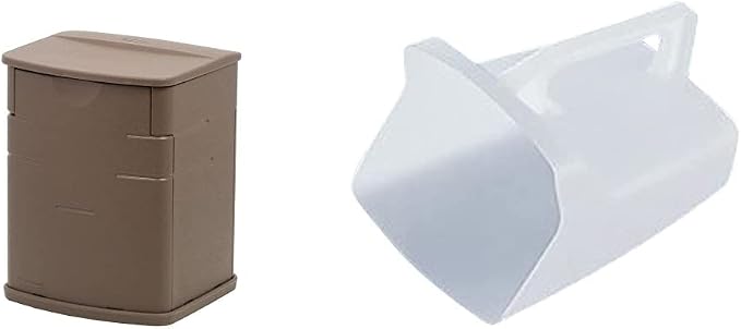 Rubbermaid Mini Resin Weather Resistant Outdoor Deck Box, 16" w x 14" d x 21" h, Mocha, Organization Bin & Commercial Products Food Service Utility Scoop, 64-Ounce, White, for Ice/Bar and Ingredient