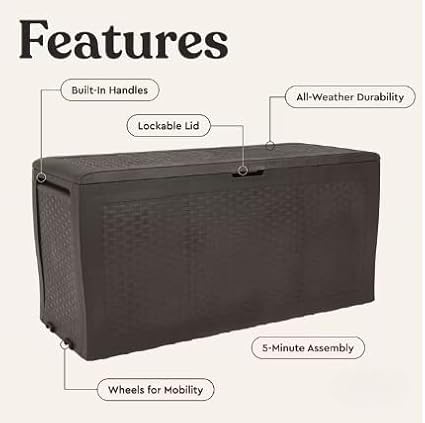 70 Gallon Outdoor Deck Storage Box, Dark Brown, Rattan Style, Lockable Lid, Wheels, All-Weather, 46 x 22.4 x 17.7 in