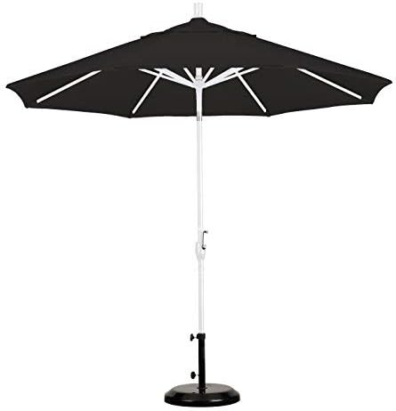 California Umbrella 9' Round Aluminum Market Umbrella, Crank Lift, Push Button Tilt, White Pole, Black Olefin