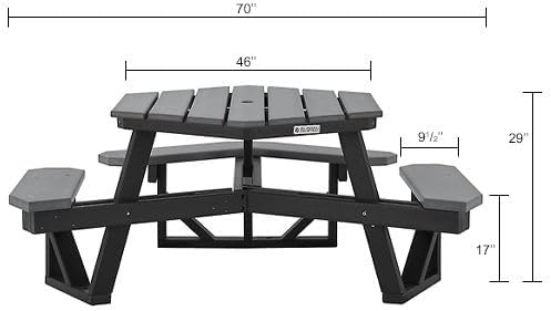 Global Industrial Outdoor 46" Hexagonal ADA Accessible Picnic Table with 3 Attached Benches, Recycled Plastic Construction, 1600 Lbs Weight Capacity, Gray