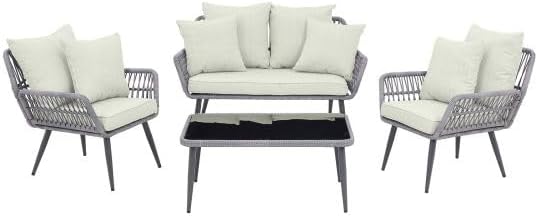 Portofino Rope Wicker Patio Conversation Set with Cushions Cream & Gray - 4 Piece