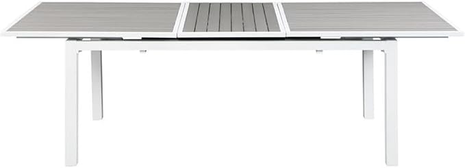 Pemberly Row Outdoor Extendable Patio Dining Table, 100.5" x 39" x 30", Gray Plastic Wood and White Aluminum, Contemporary Design, Includes Attachable Leaf, Ideal for Outdoor Entertaining