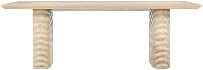 Pemberly Row 87" Travertine Beige Stripped Stone Outdoor Dining Table, Glass Fiber Reinforced Concrete, Seats 8, Horizontal Ridged Base, Block Legs, Contemporary Design for Patio Dining