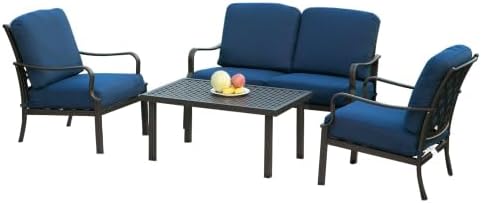 Outdoor 4 pcs Patio Conversation Set, Metal Dining Table and Chairs Dining Set with Removable Navy Blue Cushions for Garden Lawn Yard