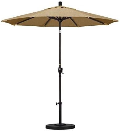 California Umbrella 7.5' Round Aluminum Market Umbrella, Crank Lift, Push Button Tilt, Bronze Pole, Sunbrella Linen Sesame