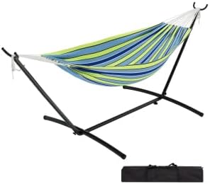 Jojoka Heavy Duty Double Hammock with Stand – Portable & Space-Saving Steel Frame – Comfortable Polyester Cotton – Indoor/Outdoor Patio Garden Use – 500 lbs Capacity – Carry Bag – Blue-Green Stripes