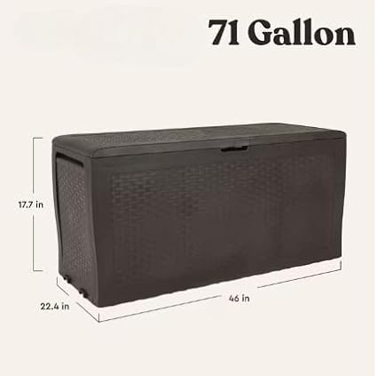 70 Gallon Outdoor Deck Storage Box, Dark Brown, Rattan Style, Lockable Lid, Wheels, All-Weather, 46 x 22.4 x 17.7 in