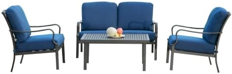 Outdoor 4 pcs Patio Conversation Set, Metal Dining Table and Chairs Dining Set with Removable Navy Blue Cushions for Garden Lawn Yard