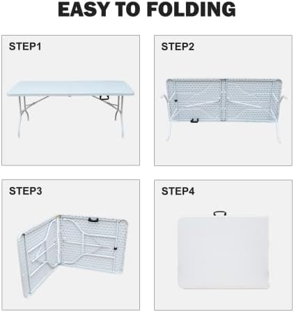 IDEALHOUSE 6 Ft Plastic Folding Table, Portable Fold-in-Half Table with Iron Legs, Carrying Handle, Outdoor Rectangular Fold Out Table for Dining, Picnic, Party, Camping, Barbecues, White