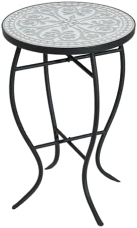 Mosaic Side Table and Plant Stand, 21" Round End Table with 14" Ceramic Tile Top, Indoor & Outdoor Accent Table, Porch Patio Furniture, Entryway & Coffee Table for Home & Garden, (Grey-2)