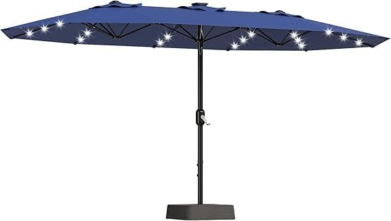 TrailBlaze 15FT Patio Umbrella With Base and Solar Lights, Outdoor Large Patio Double-Sided Market Umbrella With Crank Handle, UV Protection, for Lawn Deck Backyard Pool