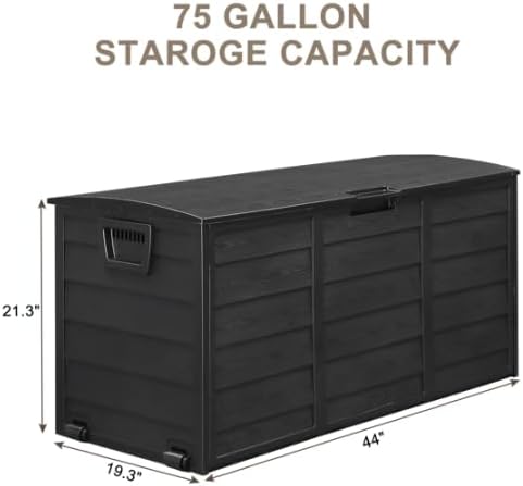 75 Gallon Outdoor Storage Deck Box, 280L Weather Resistant Resin Garden Storage Chest with Lockable Lid and Portable Rollers, Large Patio Box for Furniture Cushions and Tools, Black