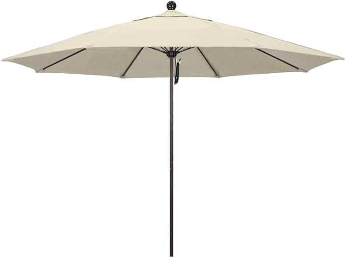 California Umbrella 11' Round Aluminum/Fiberglass Umbrella, Pulley Lift, Bronze Pole, Sunbrella Antique Beige