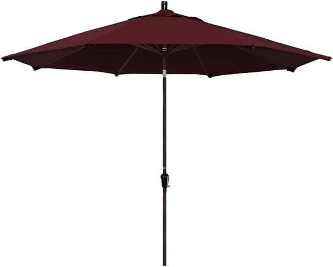 California Umbrella 11' Round Aluminum Market Umbrella, Crank Lift, Auto Tilt, Bronze Pole, Pacifica Burgundy