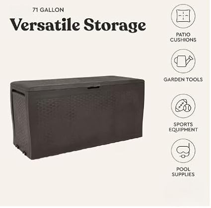 70 Gallon Outdoor Deck Storage Box, Dark Brown, Rattan Style, Lockable Lid, Wheels, All-Weather, 46 x 22.4 x 17.7 in