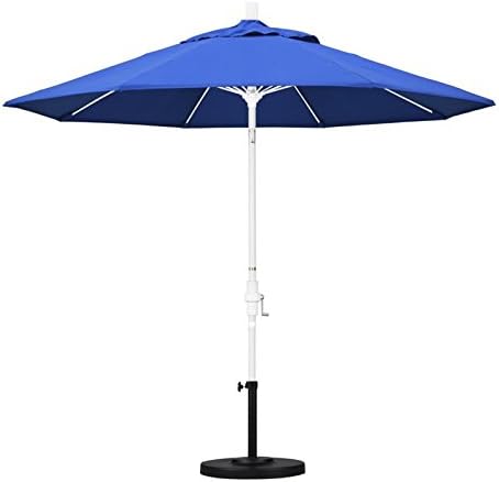 California Umbrella 9' Round Aluminum Pole Fiberglass Rib Market Umbrella, Crank Lift, Collar Tilt, White Pole, Royal Blue Olefin