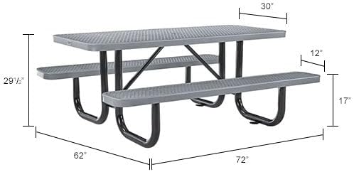Global Industrial 6’L Rectangular Picnic Table, Expanded Metal, Gray Thermoplastic Coating, Attached Benches, 1-1/2” Umbrella Pole Hole, Outdoor-Rated, 1000 lb Capacity, 72” x 30” Tabletop