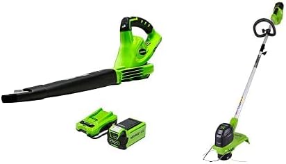 Greenworks 40V (150 MPH) Cordless Leaf Blower, 2.0Ah Battery and Charger Included 24252 with String Trimmer