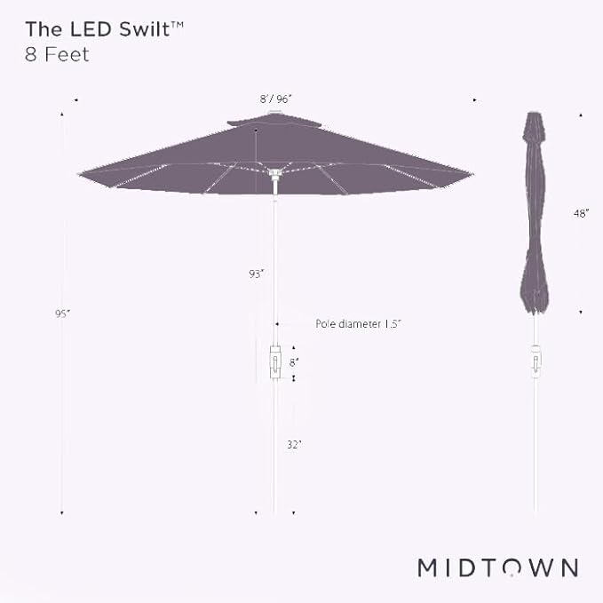 Midtown Umbrellas The LED Swilt 8 Feet Patio Umbrella With Terylast Ivory (White) Polyester Fabric - Auto-Tilt Aluminum Frame With LED Lights For Backyard, Deck, Garden, Pool - Black Pole