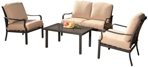 Outdoor 4 pcs Patio Conversation Set, Metal Dining Table and Chairs Dining Set with Removable Beige Cushions for Garden Lawn Yard
