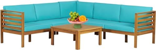 PayLessHere Patio Furniture 4 Pieces Outdoor Furniture L-Shaped Sectional Sofa Conversation Sets Patio Corner Set with Coffee Table Acacia Wood and Waterproof Cushion