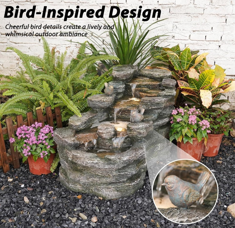 36" L Cascading Outdoor Water Fountain with LED Lights 5-Tier Resin Rock Waterfall Fountain for Garden, Patio, Yard or Indoor Decor