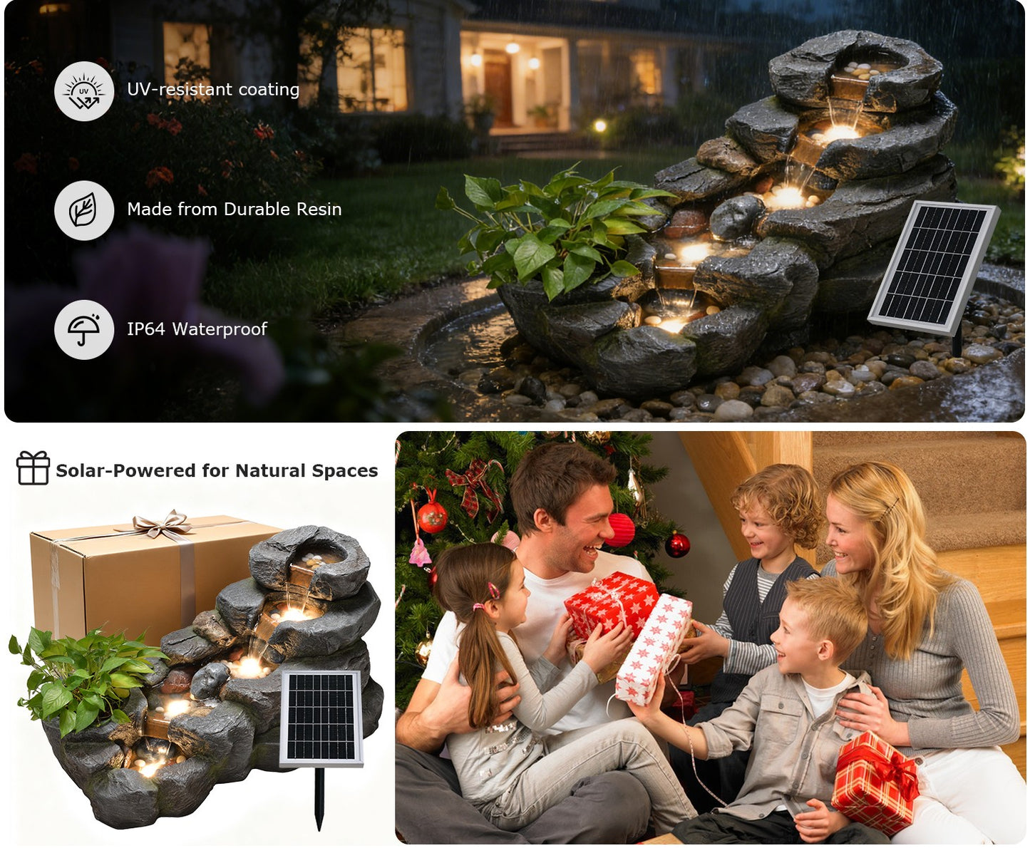 Solar Water Fountain Outdoor, 38 "L Rock Waterfall Fountains Solar Powered Floor Standing Outdoor Water Feature with LED Lights for Patio, Garden,Porch, Yard, Home Art Decor（Grey）