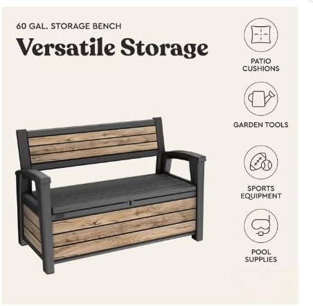 60 Gallon Plastic Resin Weather Resistant Outdoor Backyard Patio Storage Deck Box (Ash Wood Brown)