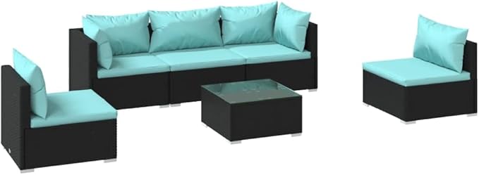 6 Piece Patio Lounge Set with Cushion, Patio Lounge Set Piece Patio Set Outdoor Patio Sectional Furniture Conversation Sets s Poly Rattan Black