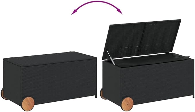 Outdoor Rattan Wicker Garden Storage Box with Wheels, Patio Deck Storage Box, Patio Storage Container for Indoor, Patio Furniture Cushions, Black 50.2 Gal Poly Rattan,-225