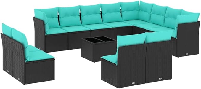 vidaXL Patio Sofa Set with Cushions 13 Piece, Sectional Sofa with Glass Table, Outdoor Conversation Set, Modern Style, Black Poly Rattan