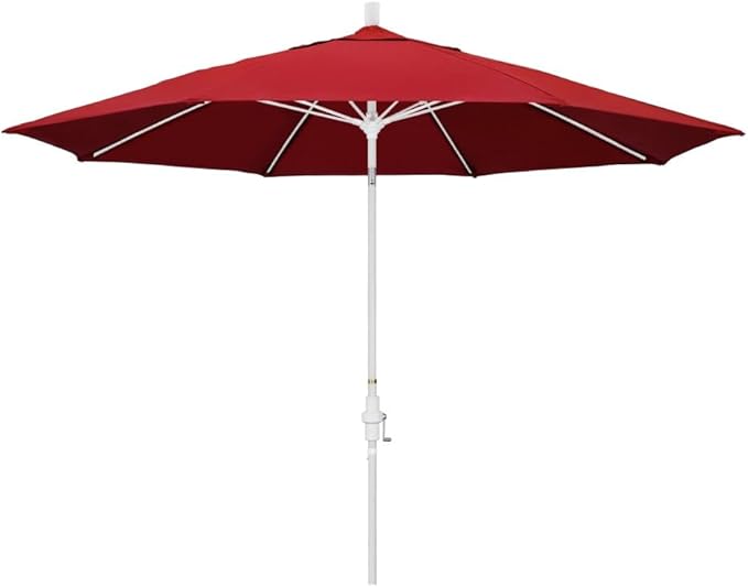 California Umbrella 11' Rd. Fiberglass Rib Patio Umbrella, Crank Lift, Collar Tilt, White Pole, Red