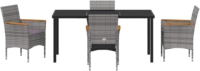 Afuera Living 5 Piece Poly Rattan Garden Dining Set, Gray UV-Resistant Rattan, Steel Frame, Tempered Glass Tabletop, Acacia Wood Armrests, Lightweight Outdoor Patio Furniture for Garden or Terrace