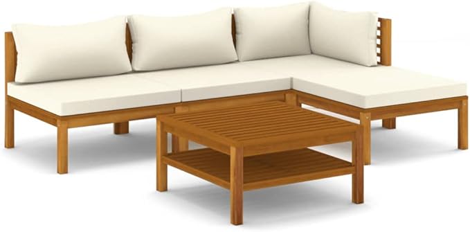 Patio Lounge Set with Cream Cushion,Patio Furniture Sets,Patio Conversation Sets,Outdoor Furniture Sets,for Garden,Backyard,Outdoor,5 Piece Solid Acacia Wood