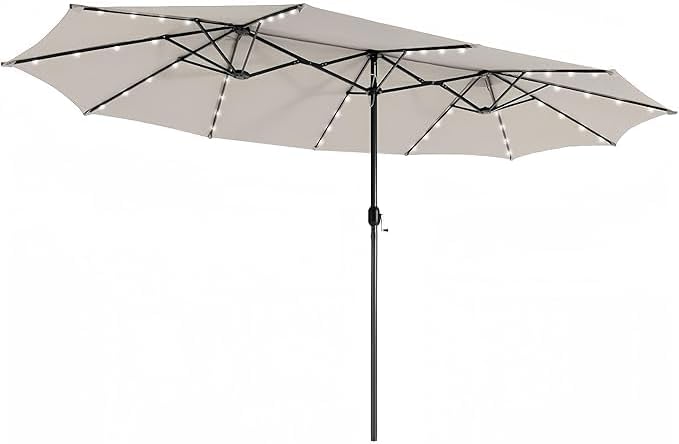 15ft Large Patio Umbrella with 3 Solar panels, 48 Solar LED Lights Base NOT Included, Outdoor Double-Sided Rectangle Market Umbrella with Crank Handle, Perfect for Pool, Lawn, and Garden (Pole Diameter 1.9 inch)