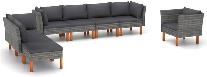 8 Piece Patio Lounge Set,Patio Sofa,Outdoor Daybed,Outdoor Couch,Patio Seating,Patio Conversation Sets,Outdoor Furniture Sets,for Backyard,Garden,Deck, Poly Rattan and Eucalyptus Wood Gray