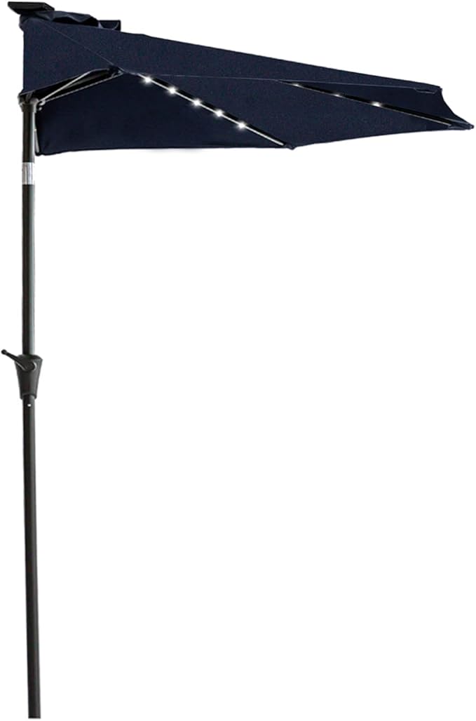 Helios&Hestia 9 ft Small Half Round Solar Powered Wall Outdoor Market Patio Umbrella with LED Lights and Tilt for Garden, Deck, Balcony