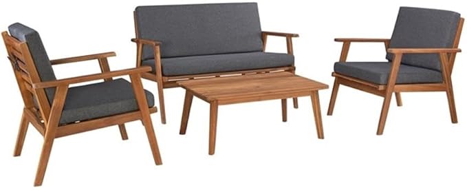 Linon Cooper Wood 4 Seater Removable Cushion Outdoor Patio Conversation Chat Sofa Set in Gray with Coffee Table